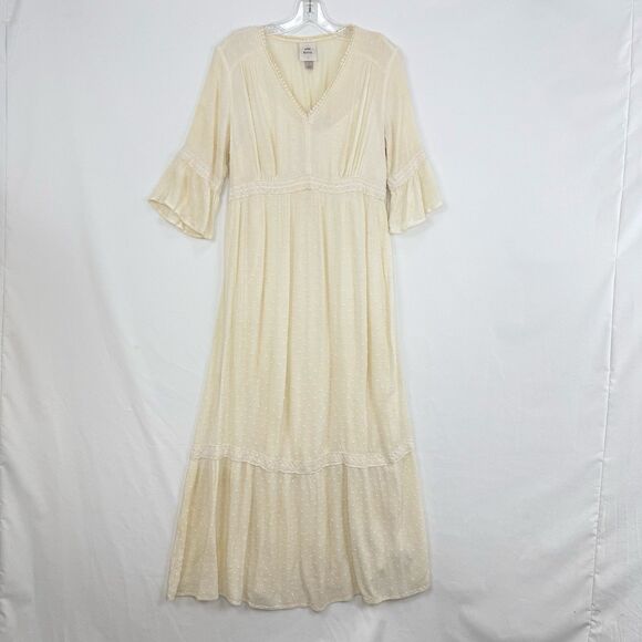 Knox Rose Clip Swiss Dot Ruffle Flared Sleeve Tiered Maxi Dress Ivory Size L - Picture 3 of 16